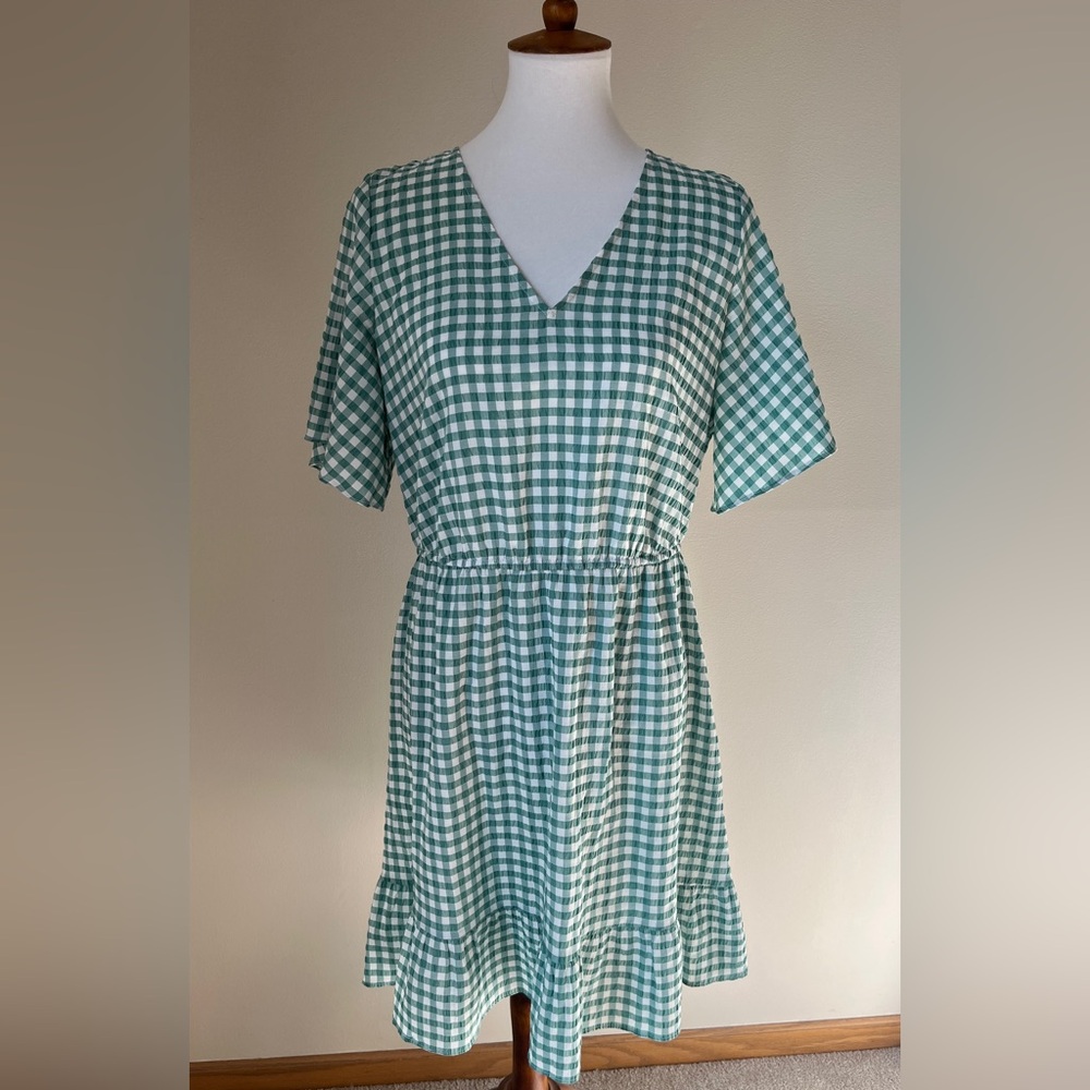 LOFT Green Gingham V-Neck Dress with Tie Back